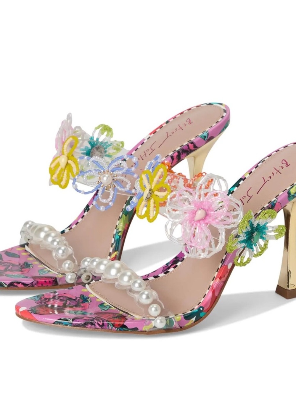 Betsey Johnson Pink Floral Crochet & Pearl Slide Mules